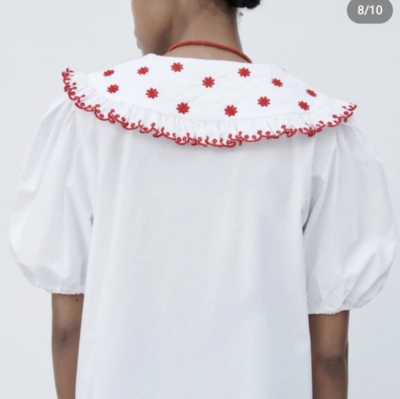 ZARA RED & WHITE EMBROIDERY PETER-PAN COLLAR POPLIN BLOUSE S,M NWT Puff sleeves - Picture 4 of 4